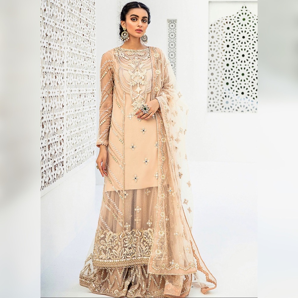 QALAMKAR LUXURY FORMAL COLLECTION 20’ - Gold Embroidered Beige Pakistani Suit